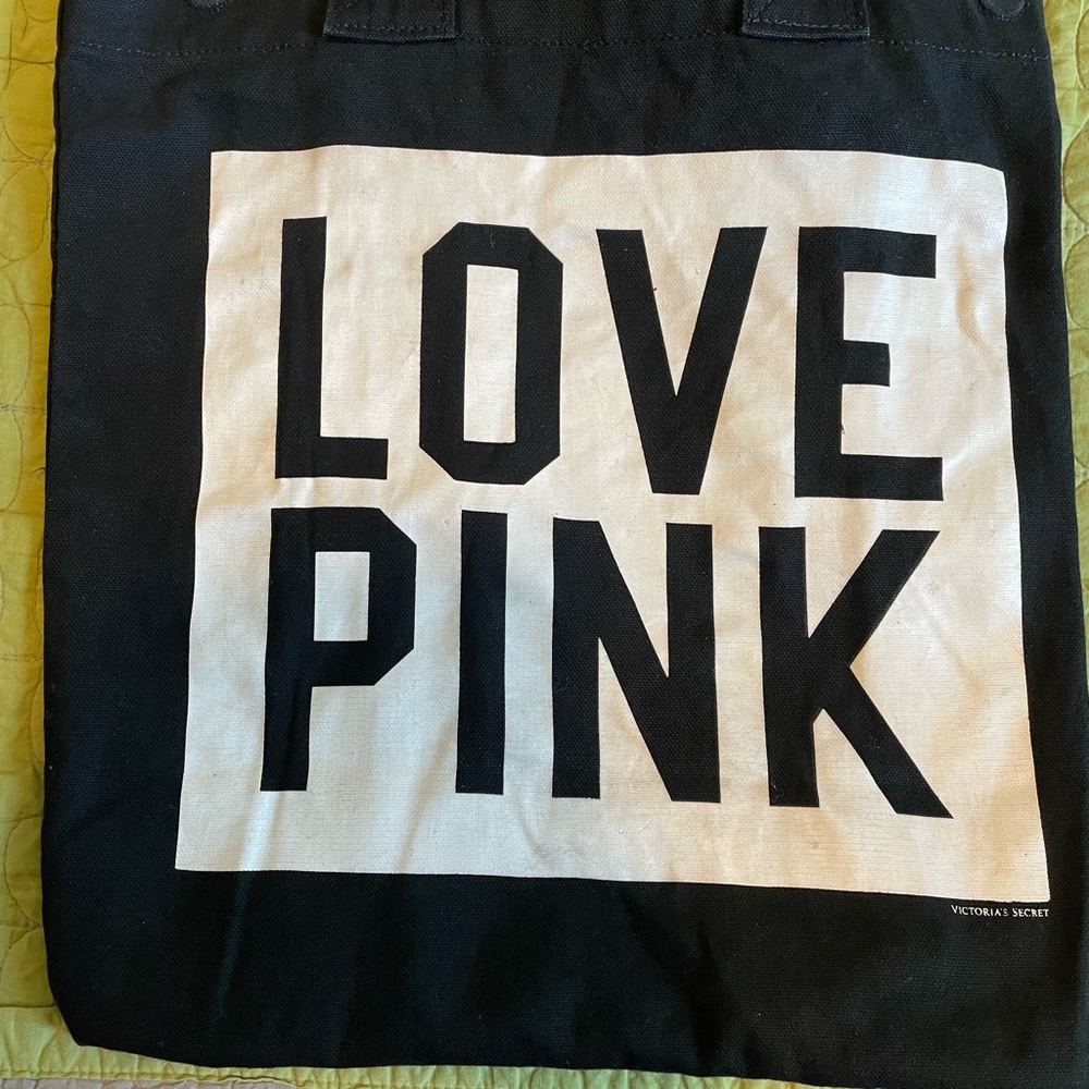 Victoria Secret Black Canvas Tote W/Smooth White patch & Bold Words: Love Pink